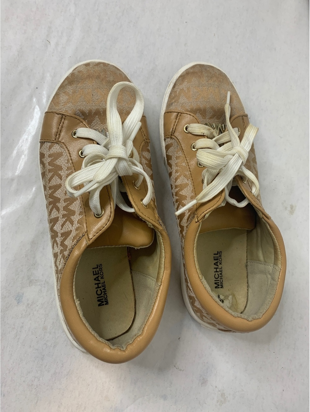 Michael Kors Women's Size 3 Tan and Beige Logo Sneakers with White Laces